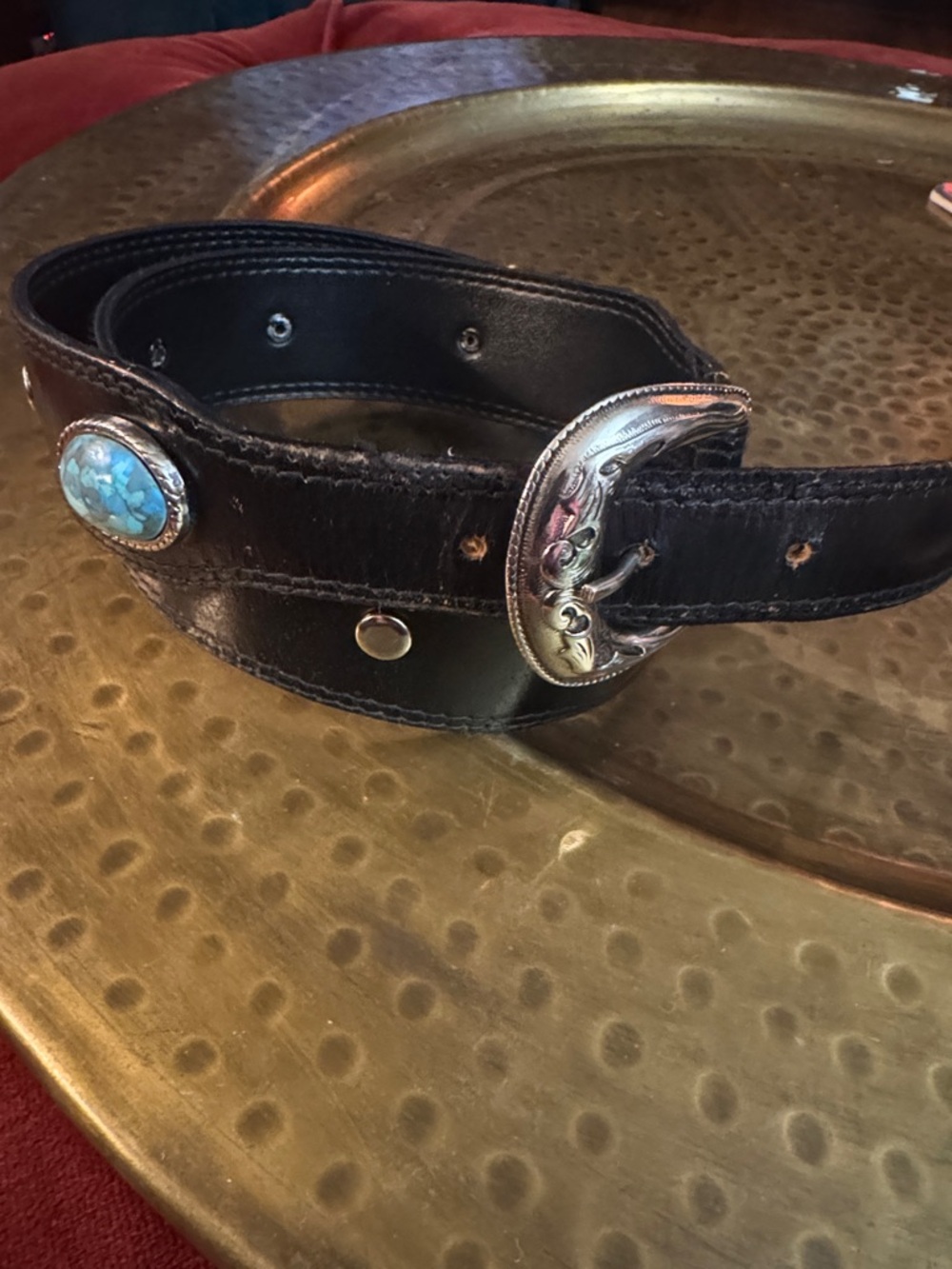 Source Unknown Black Leather Belt with Turquoise Concho and Silver Buckle